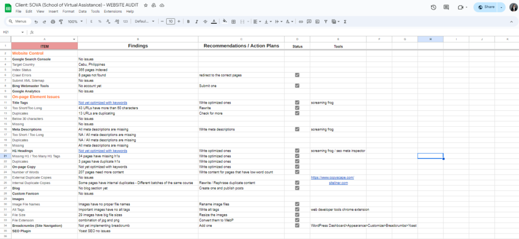 website audit data for SOVA